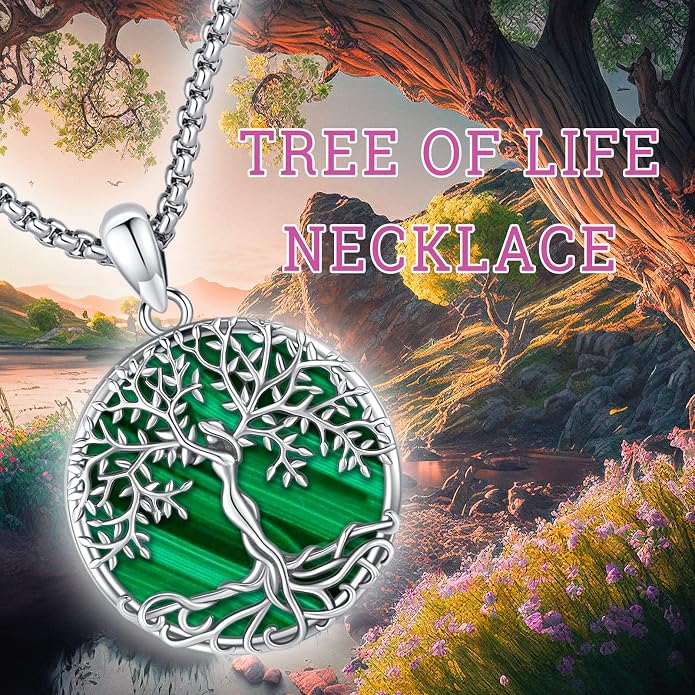 Jewelry Gifts - Tree of Life Necklace Sterling Silver Abalone Shell/Opal/Moonstone/Black Onyx/Turquoise/Malachite/Crystal Family Tree of Life Jewelry for Women Men