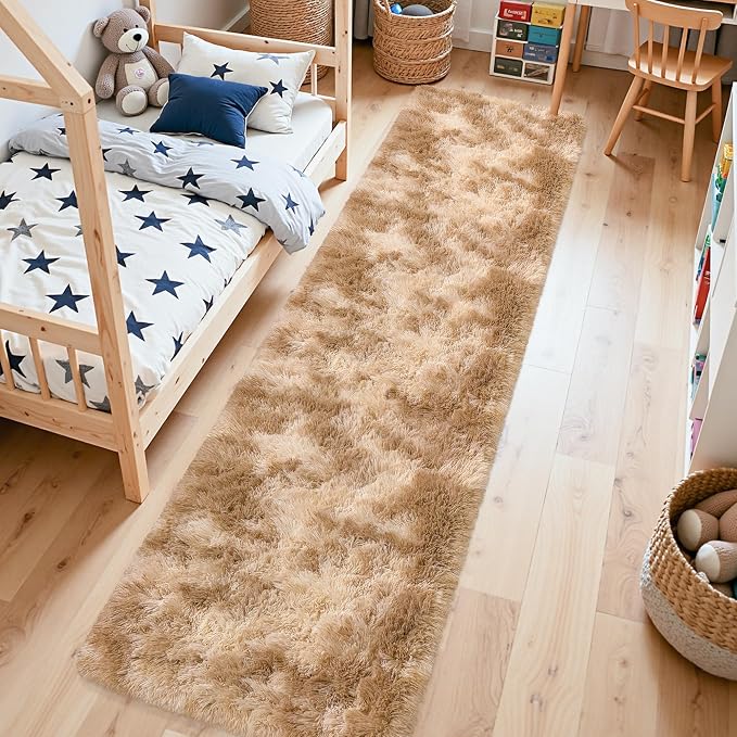 2x10 Feet Beige Fluffy Runner Rug for Bedroom, Soft Plush Shag Carpet Non Slip Washable Long Rug for Hallway Nursery Dorm Living Room, Fuzzy Bedside Rug for Kids Girls Room Decor