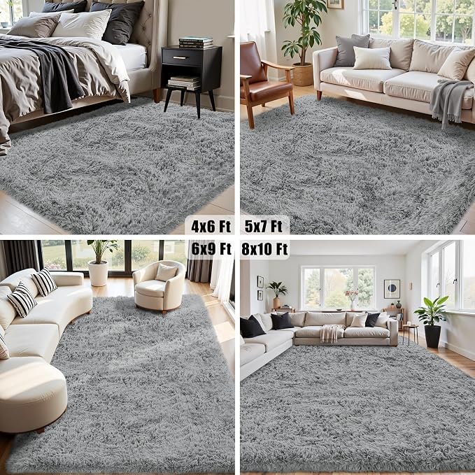 6x9 Area Rug for Living Room:Ultra Soft Fluffy Shag Light Grey Rugs,Large Fuzzy Plush Indoor Non Slip Carpet Washable Rug for Bedroom Kids Nursery Office Dorm Modern Decor(Light Grey 6'x9')