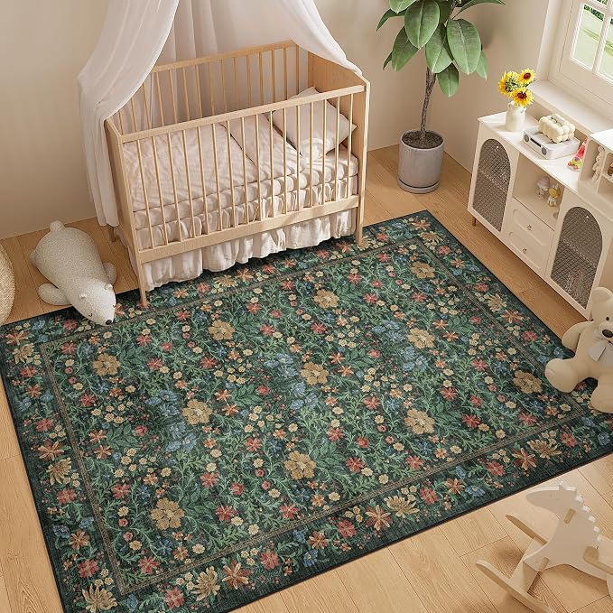 DUKINO 5x7 Area Rugs, Vintage Floral Washable Rug for Living Room, Green | Non Slip, Low Pile, Soft, Lightweight, Boho Indoor Carpet for Bedroom, Office, Dining Room, Dorm Room, Farmhouse, Home Decor