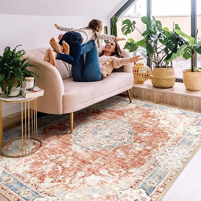 MUJOO Boho Rug 4'x6.5' Area Rugs Washable Non Slip Low-Pile Floral | Machine Washable Throw Carpet for Bedroom Living Room Office Entryway Small Soft Floor Indoor Accent Flowers Orange Navy Blue
