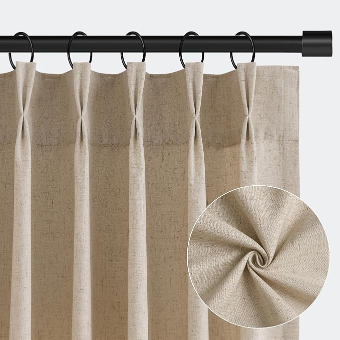 Aersas Eggshell Beige Linen Pleated Curtains 102 Inches Long for Living Room Pinch Pleat Drape Hooks Rings Back Tab Semi Sheer Light Filtering Curtain for Bedroom Sliding Patio Door 2 Panels 40x102