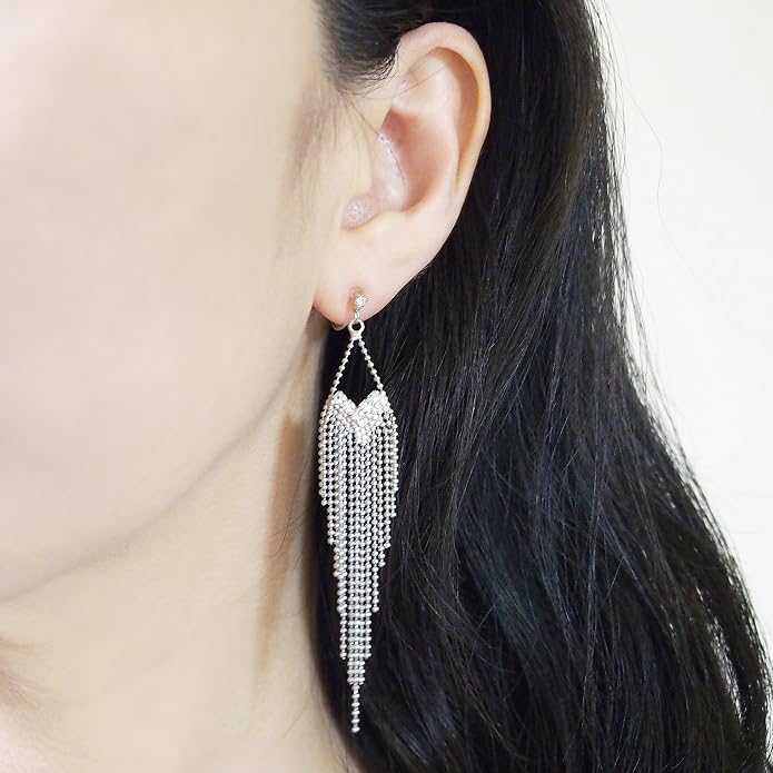 Dangle Silver Invisible Clip On Earrings for Women Not Pierced Gold Crystal Rhinestone Comfortable Hoop Fringe Long Chain Clip On Earrings