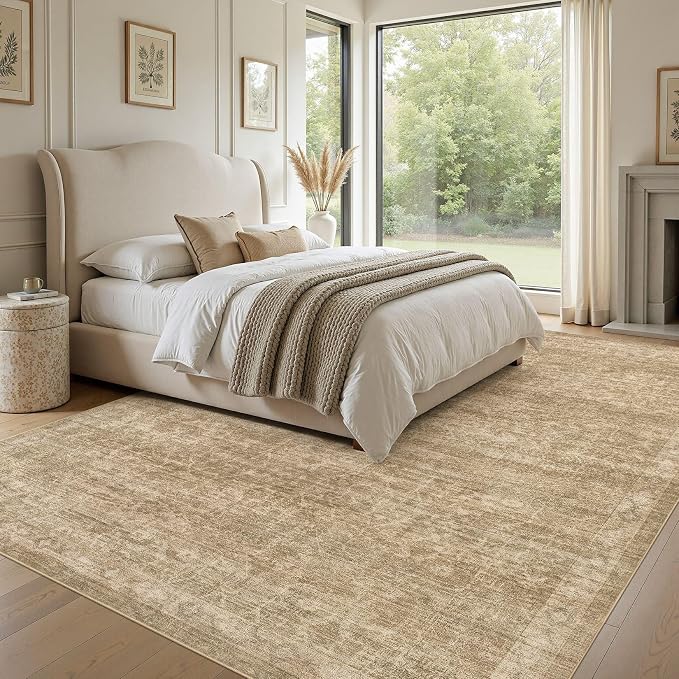Nakagishi 8x10 Area Rugs Living Room: Washable Large Vintage Rug Neutral Non-Slip Soft Stain Resistant Indoor Carpet for Bedroom Nursery Dining Room Office Playroom - Dark Brown