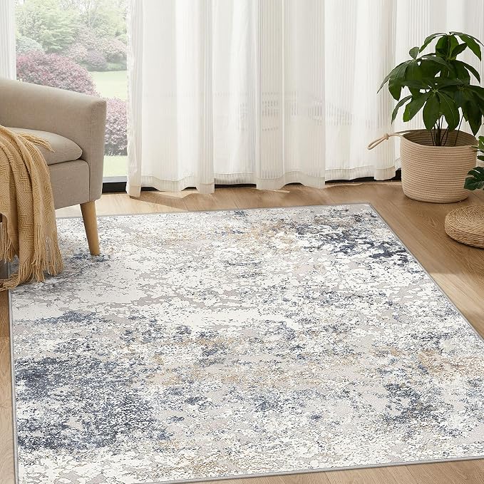 DMOYEST Square Area Rug Living Room Rugs - 5x5 Washable Large Soft Indoor Neutral Modern Abstract Low Pile Rug Carpet for Bedroom Dining Room Farmhouse Home Office - Beige Blue