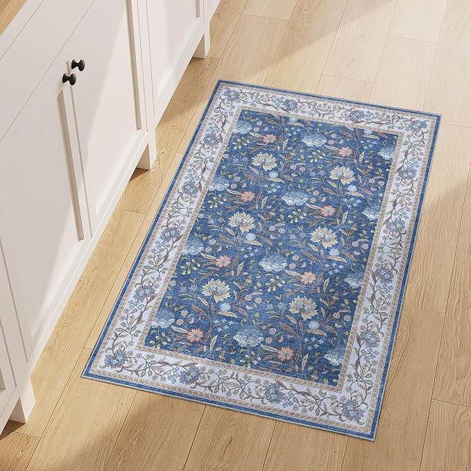 DUKINO 2x3 Rug, Washable Vintage Floral Bathroom Rugs Non Slip, Sky Blue | Low Pile, Stain Resistant Boho Soft Indoor Door Mat, Small Front Door Carpet for Entryway Kitchen Laundry Bedroom Farmhouse