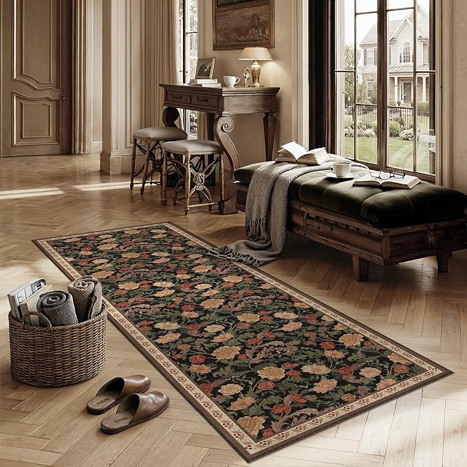 HUGEAR Retro 2x6 Runner Rugs Washable Hallway Rug Vintage Floral Throw Carpet Black Brown Stain Resistant Non Slip Low Pile for Home Aesthetic Modern Decor