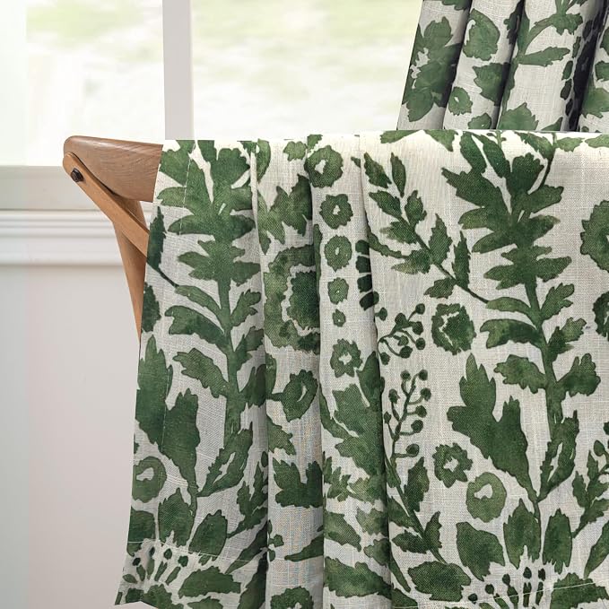DriftAway Julia 100% Blackout Curtains Grommet 2 Panels, W52xL96, Green | Floral Curtains, Bedroom, Living Room, Linen Blend, Watercolor Pattern, 2 Layers, Thermal Insulated, Window Treatment