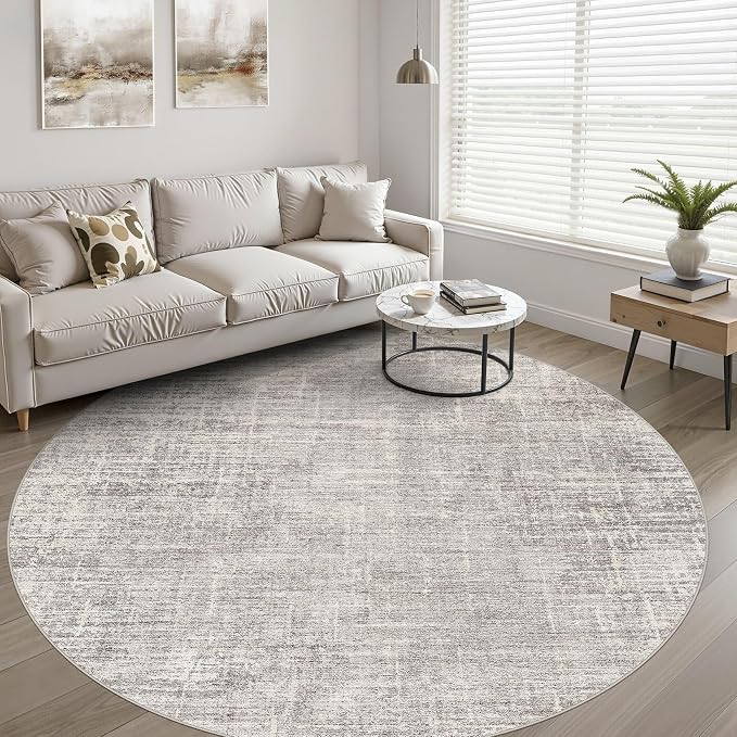7ft Round Rug Living Room: 7x7 Washable Large Neutral Circle Area Rug Abstract Soft Modern Stain Resistant Indoor Floor Non-Slip Carpet for Bedroom Nursery Kids Office Playroom Dining Room- Brown Gray