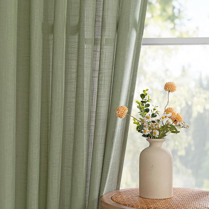 MYSKY HOME Sage Green Curtains 96 Inches Long for Living Room Sliding Glass Door Semi Sheer Drapes Light Filtering Window Treatments Soft Farmhouse Style Privacy Protect Back Tab, 50" x 96", 2 Panels