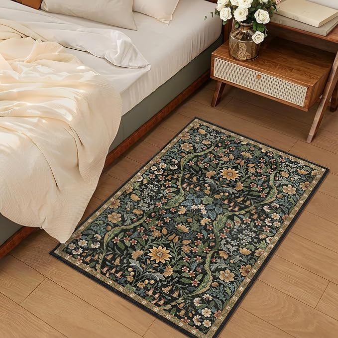 Floral 2x3 Entryway Rug,Washable Front Door Mat Indoor Non Slip Low Pile Small Carpet, Soft Black Brown Boho Botanical Throw Rug for Bathroom Bedroom Kitchen Laundry Indoor Entrance
