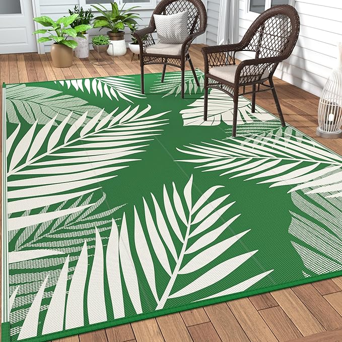 GENIMO Outdoor Rug 8' x 10' Waterproof for Patios Clearance, Reversible Outdoor Plastic Straw Camping Rug Carpet, Large Area Rugs Mats for RV, Picnic, Backyard, Deck, Balcony, Porch, Dark Green&White | Outside Larger Leaf Carpet Mat for Porch Decor, De...