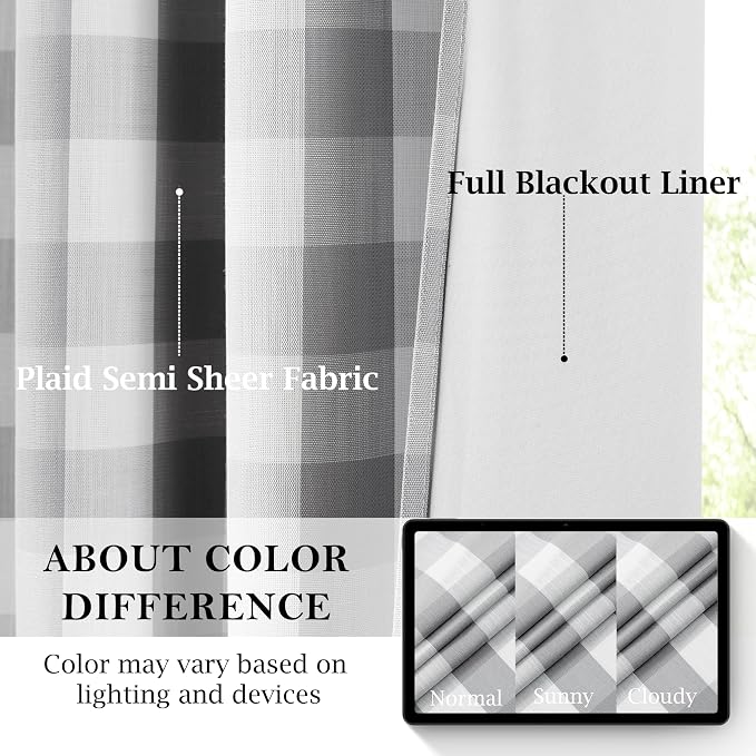 Short Grey White Buffalo Plaid Blackout Curtains 63 Inches Length | Thermal Insulated Drapes,Farmhouse Window Treatment for Bedroom Living Room,Rod Pocket Back Tabs,40"Wx63"Lx2