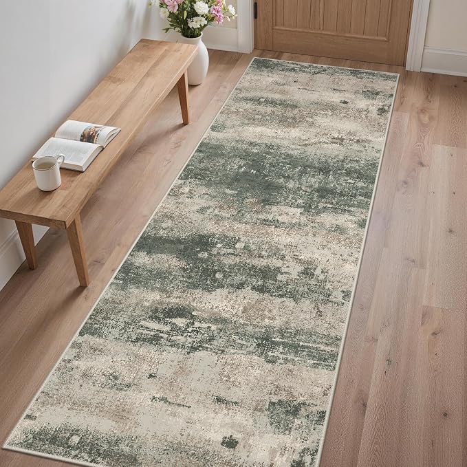 GENIMO Runner Rug Non Slip 2'6"x8', Washable Rug Runner for Hallways Kitchen, Abstract Modern Kitchen Rugs, Low Pile Lightweight Carpet Runners for Entryway, Bedroom, Laundry, Sage Green Sand