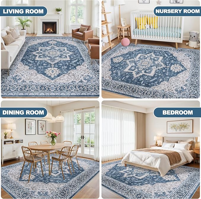 8x10 Area Rugs for Living Room:Blue Washable Vintage Medallion Boho Rug Non-Slip No Slip Stain Resistant Soft Low Pile Large Rugs Indoor Retro Carpet for Bedroom Nursery Dining Office (Blue 8'x10')