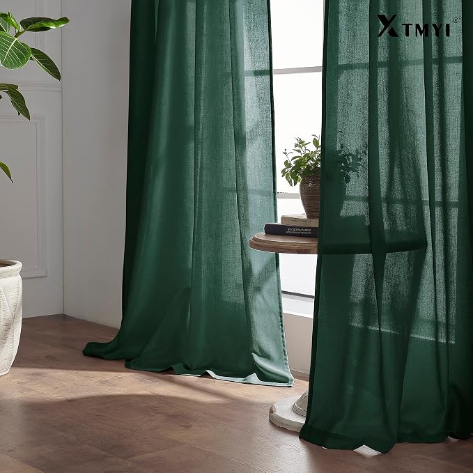 XTMYI Dark Green Curtains for Bathroom Set Decor,Linen Sheer Leaf Green Boho Curtains for Kitchen 63 Inch Length 2 Panels,Deep Pine
