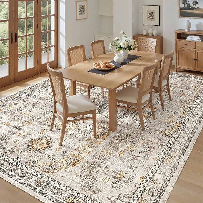 befbee 9x12 Area Rug,Ultra-Thin Washable Rugs for Living Room,Non-Slip Lightweight Foldable Area Rug,Stain Resistant Vintage Large Rugs(Brown/Gold, 9'x12')
