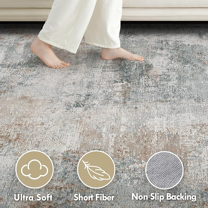 Tortania Area Rug Living Room Rugs - 5x8 Washable Large Soft Neutral Boho Moroccan Bohemian Farmhouse Rug Indoor Floor Carpet for Bedroom Under Dining Table Home Office Decor - Grey Brown