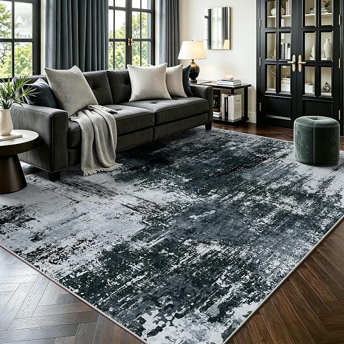 5x7 Rugs for Living Room - Modern Abstract Washable Rug, Ultra Soft Non Slip Low Pile Large Rugs, Floor Carpet for Bedroom Dining Room Office Laundry Nursery Home(Black)