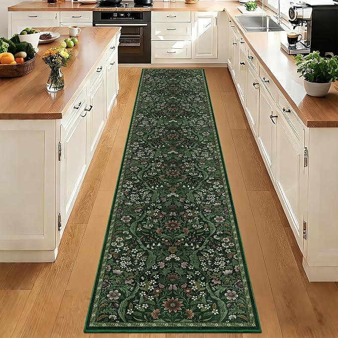 2x10 Washable Runner Rug,Dark Green Floral Kitchen Rugs for Hallway,Low-Pile Non-Slip Stain Resistant Carpet for Kitchen, Bedside,Laundry Room,Entryway