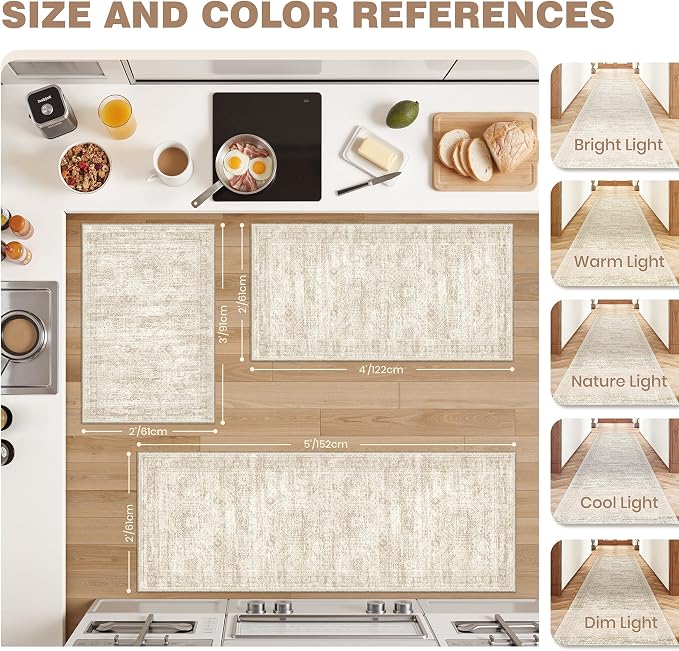 Kitchen Rugs Sets of 2, 2x3 2x4 Rug Runner,Beige | 2 Piece Washable Rug for Hallway,Entryway,Bedroom,Dining Room,Thin,Soft Runner Rug,Stain Resistant Indoor Carpet,Non Slip
