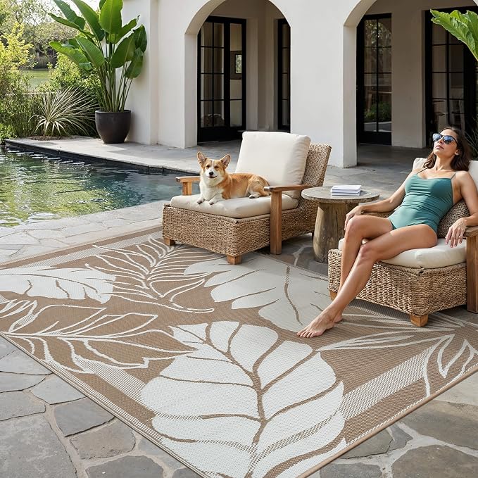 HUGEAR 6'x9' Outdoor Rug Waterproof Plastic Straw Rugs Brown Reversible Olive Leaf Mat Floor Carpet for Camping RV Deck Entryance Porch Picnic Balcony Beach Backyard