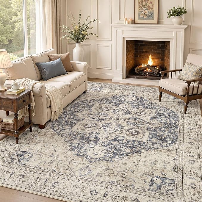 Tortania Area Rug Living Room Rugs - 8x10 Washable Boho Rug Vintage Oriental Distressed Farmhouse Large Thin Indoor Carpet for Living Room Bedroom Under Dining Table Home Office - Cream Blue