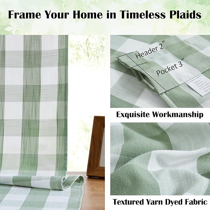 Farmhouse Sage Green Buffalo Plaid Curtains 72 Inches Length | Semi Sheer Checkered Drapes,Yarn Dyed Fabric,Rustic Window Treatment for Bedroom Living Room Nursery,Rod Pocket,40"Wx72"Lx2