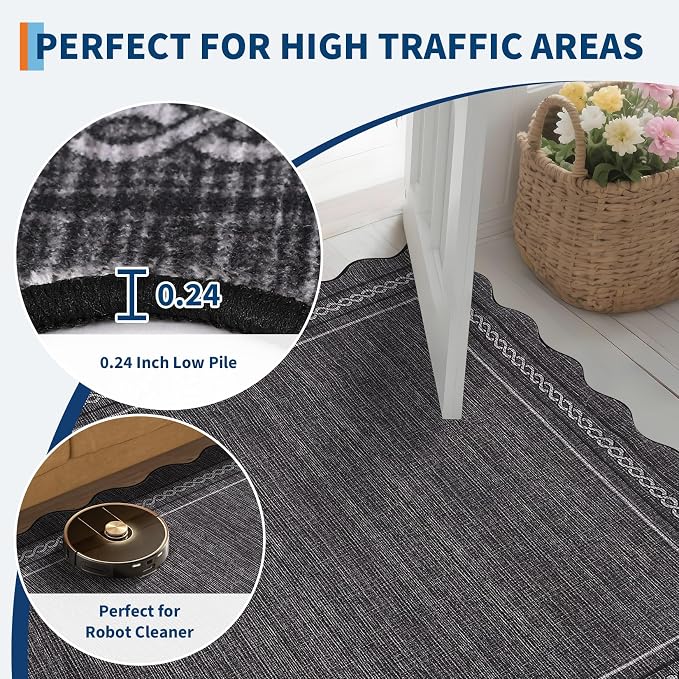 GarveeHome Scalloped Washable Runner Rug 2x8 Entry Rug Non Slip, Black | Kitchen Rugs Runner Farmhouse Black Low Pile Hallway Rugs Stain Resistant Carpet for Bathroom Laundry Room