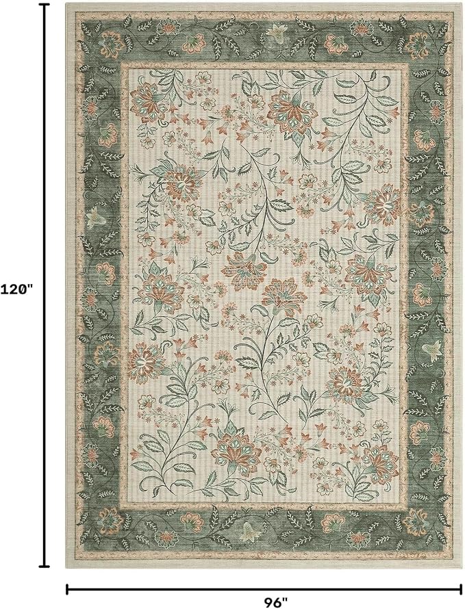 GarveeHome Area Rugs 8x10 for Living Room, Sage Green Botanical Floral Print Washable Rug Soft Non Slip Floor Mat Carpet Indoor Thin Cottage core Rug for Bedroom Dining Room Playroom Nursery Room