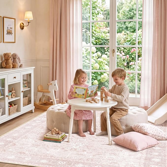 Pink Living Room Rugs 8x10, Neutral Vintage Boho Carpet for Bedroom Nursery | TTelephant Washable Low Pile Indoor Area Rug with Non-Slip Silicone Backing, Non-Shedding Thin
