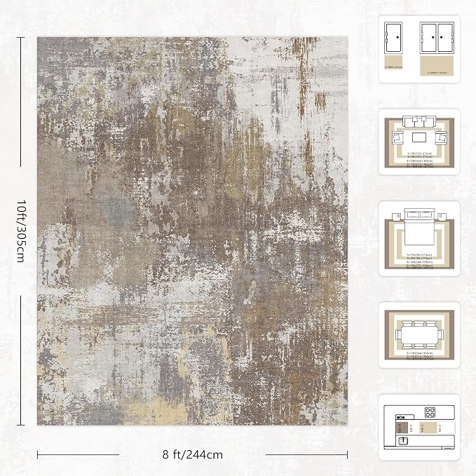 8x10 Rugs for Living Room - Modern Abstract Washable Rug, Ultra Soft Non Slip Low Pile Large Rugs, Floor Carpet for Bedroom Dining Room Office Laundry Nursery Home（Taupe）