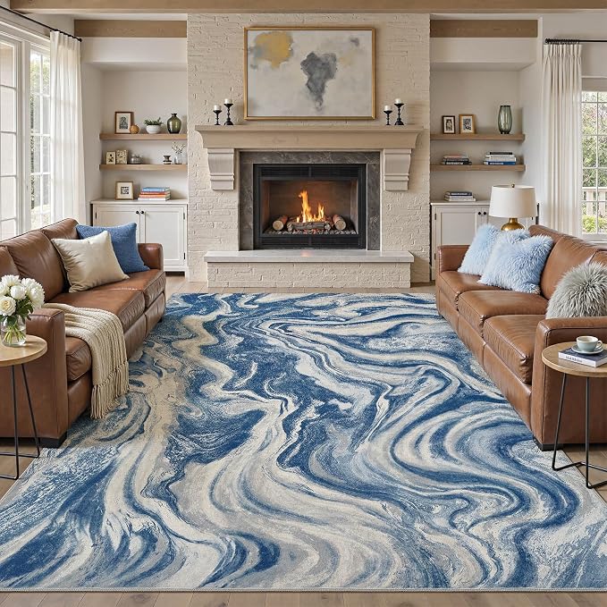 DMOYEST 8x10 Area Rug for Living Room:Washable Modern Neutral Abstract Rug with Low Pile Non Slip Soft Thin Large Indoor Carpet for Bedroom Dining Room Home Office Decor-Navy Blue