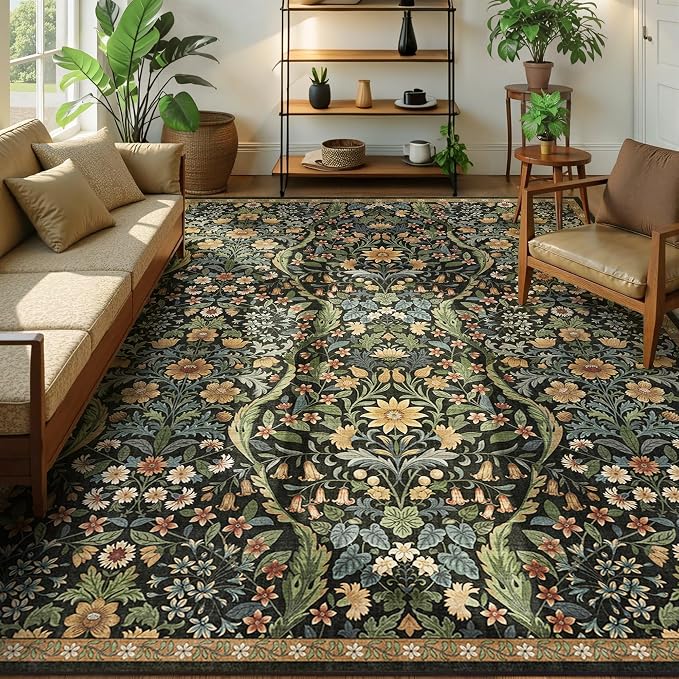 8x10 Washable Area Rug for Living Room, Large Vintage Black Brown Floral Rugs, Soft Non-Slip Stain Resistant Boho Lightweight Carpet for Girls Bedroom Dining Room Nursery Home Office