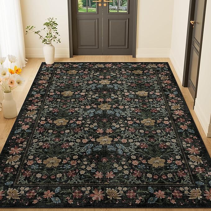 DUKINO 4x6 Rug for Living Room, Washable Vintage Floral Area Rug, Black | Non Slip, Low Pile, Non-Shedding, Aesthetic Lightweight Soft Indoor Carpet for Bedroom Kitchen Bathroom Entryway Farmhouse