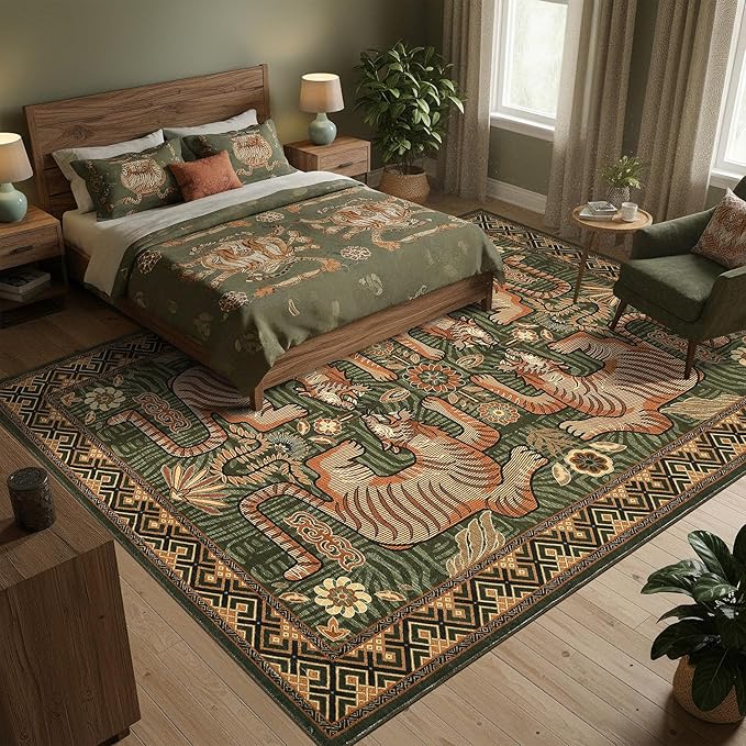GarveeHome Tibetan Tiger 8x10 Washable Area Rugs for Living Room, Boho Tribal Green Soft Animal Print Throw Rug Vintage Non Slip Ultra Thin Stain Resistant Floor Carpet for Office Bedroom