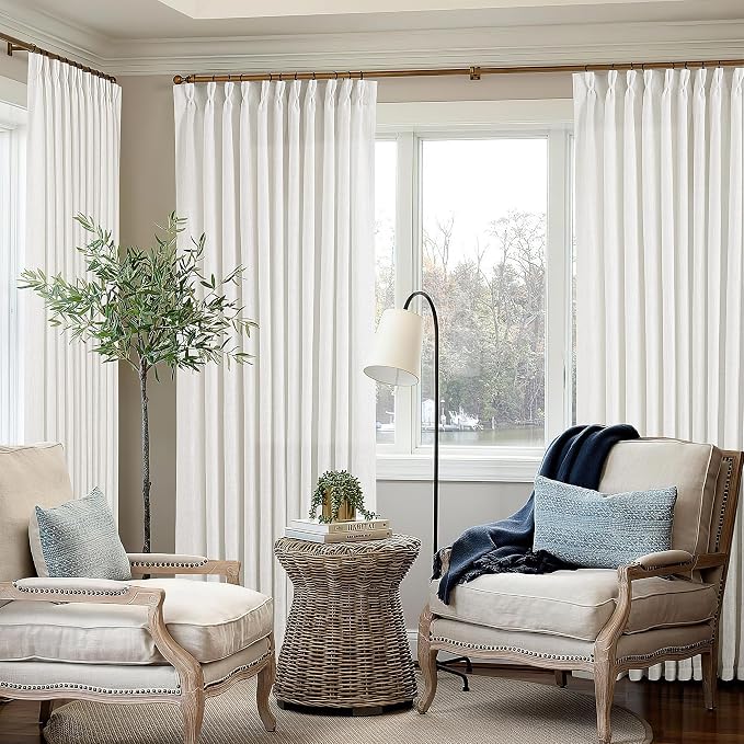 TWODRAPES Ivory White Pinch Pleated Extra Wide Linen Curtains 84 Inches Long for Patio Sliding Glass Door 70 Inch Wide Pleated Drapes with Hooks Rings Semi Sheer 70x84 Curtain for Living Room 1 Panel
