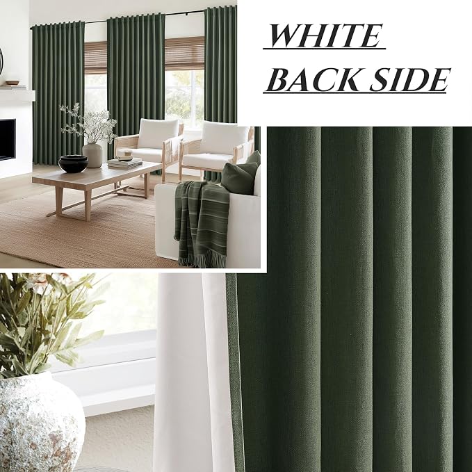 Dark Olive Green Curtains 60 Inch Length Extra Wide Pleated Black Out 84 Inch Long for Living Room, Linen Thick Sliding Glass Door Heavy Duty Insulated Large Window Drapes (60"Wx84"Lx 2Panels Loden)
