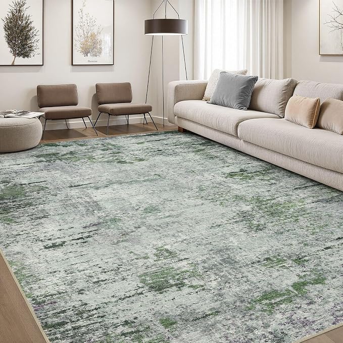 DMOYEST Area Rug Living Room Rugs - 10x12 Large Soft Indoor Neutral Modern Abstract Low Pile Washable Rug Carpet for Bedroom Dining Room Farmhouse Home Office - Green/Grey/Brown