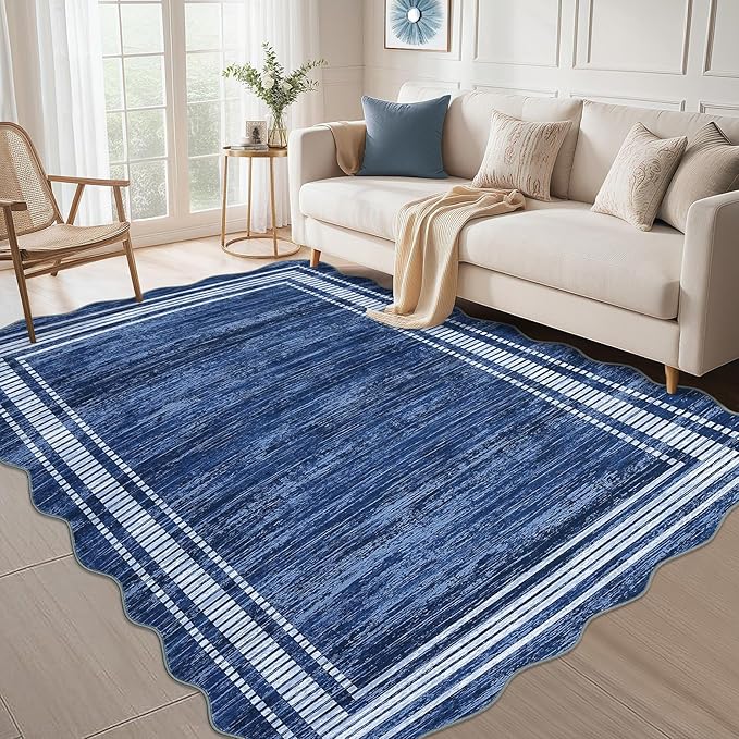 Garvee Scalloped Area Rug 9x12 Large Washable Rug for Living Room | Non-Slip Soft Carpet for Bedroom, Scalloped Low-Pile Solid Print Rug for Dining Room Home Office, Navy Blue