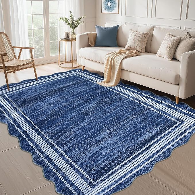 Garvee Scalloped Modern Abstract Rug 5x7 Washable Rug for Bedroom, Non-Slip Non-Shedding Soft Living Room Rug, Minimalist Scalloped Low-Pile Throw Carpet for Dining Room Home Office, Navy Blue | Rugs for Living Room, Non-Slip Soft Carpet for Bedroom, S...