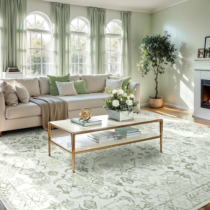 Deerly Sage Rugs 8x10 for Living Room Soft Non-Slip, Large Vintage Area Rug Retro Tribal Farmhouse Stain Resistant Carpet for Bedroom Dining Room Office Guest Room