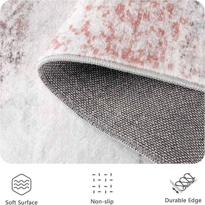 8x10 Rugs for Living Room - Modern Abstract Washable Rug, Ultra Soft Non Slip Low Pile Large Rugs, Floor Carpet for Bedroom Dining Room Office Laundry Nursery Home（Pink & Grey）