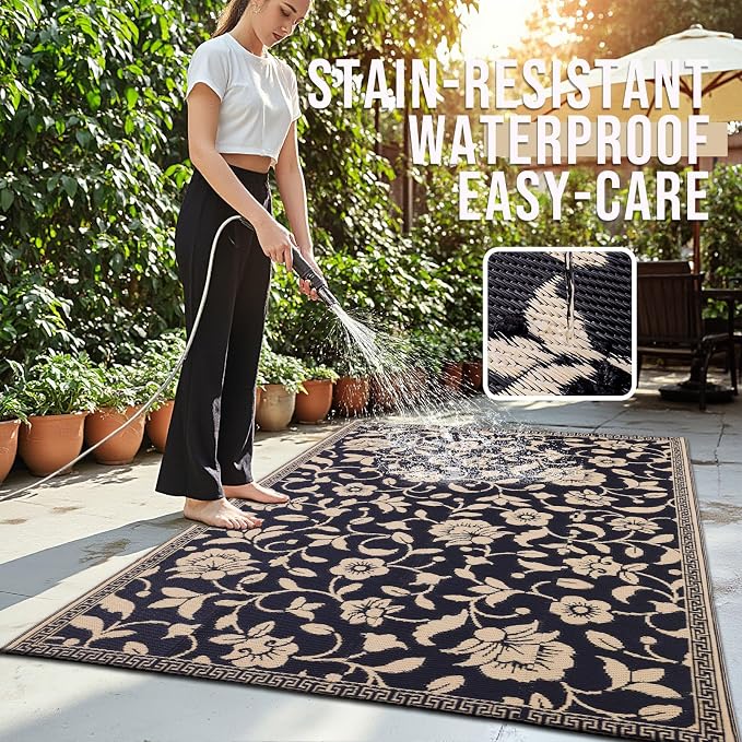 OLANLY Waterproof Outdoor Rug 4x6 ft, Outdoor Plastic Straw Rug with Flower Pattern, Reversible RV Mat for Patio, Camping, Balcony, Deck, Backyard, Black & Beige