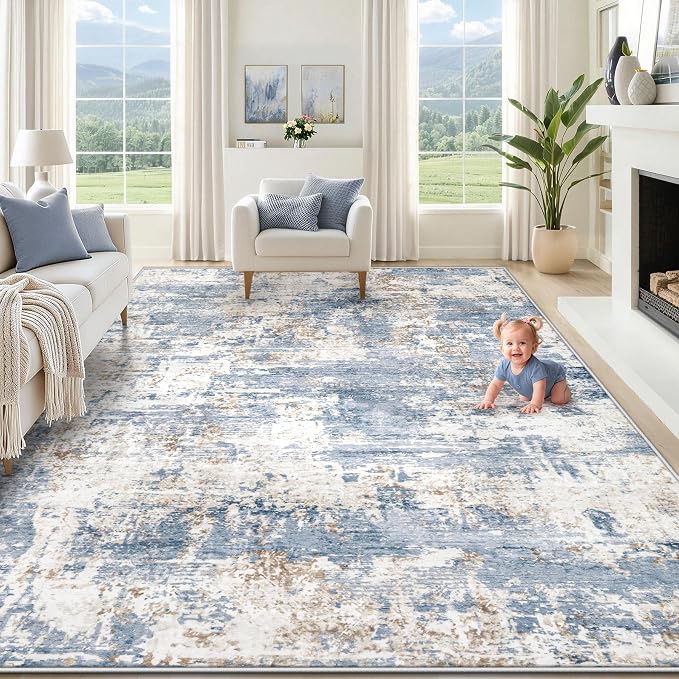 XLUEZ 8x10 Area Rugs for Living Room, Washable Modern Abstract Large Area Rug Neutral Soft Non Slip Kids Rug Stain Resistant Indoor Carpet for Bedroom Nursery Dining Children's Room(Blue, 8'x10')