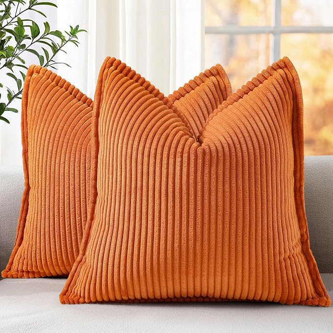 decorUhome Fall Corduroy Burnt Orange Throw Pillow Covers 22x22 Set of 2 | Euro Sham Couch Decorative Soft Modern Boho Farmhouse Pillow Covers Broadside Striped Pillow Cases for Living Room Bed Sofa