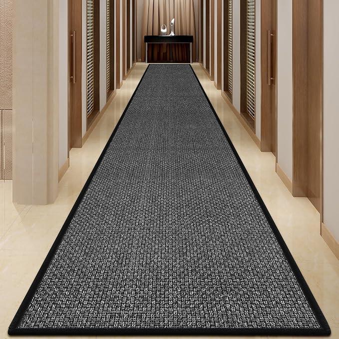 20 ft Jute Hallway Rug Runner Non Slip Washable, Rubber Backed Extra Kitchen Long Carpet Runner, Black Absorbent Laundry Room Rug Mat