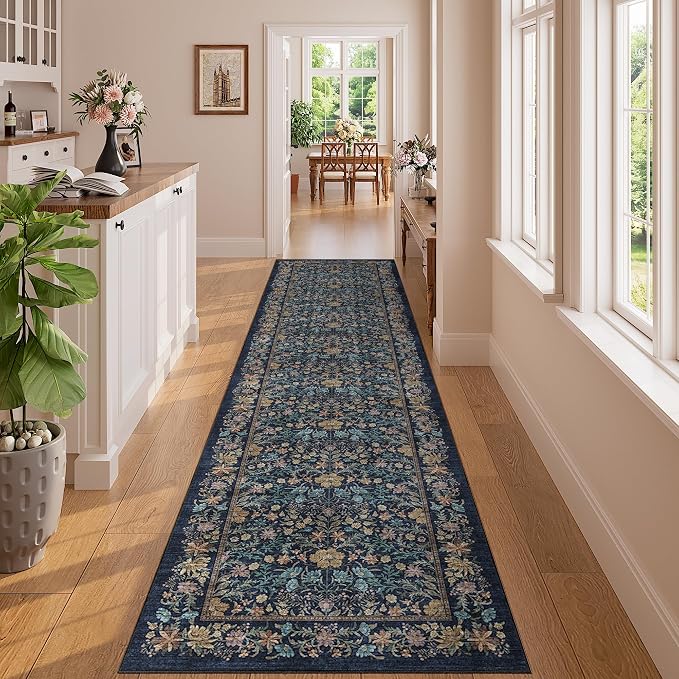 DUKINO 2x8 Runner Rug, Washable Vintage Floral Kitchen Rug, Dark Blue | Non Slip, Low Pile, Non-Shedding, Stain Resistant Aesthetic Soft Carpet Runner for Hallway Bathroom Laundry Bedroom Entryway