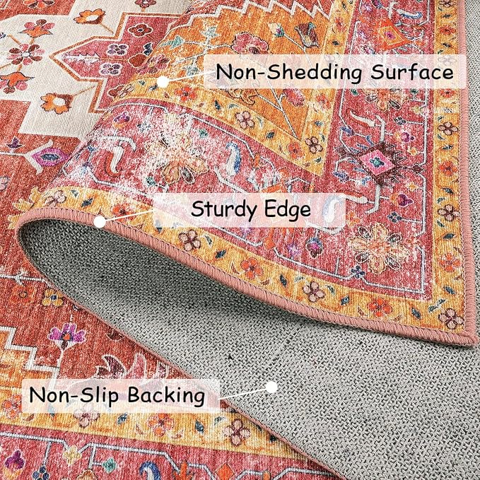 Moynesa Ultra-Thin Washable Runner Rug - Pink 2x4 Bedroom Bathroom Rug Runner Non-Slip Kitchen Rugs, Vintage Stain Resistance Low Pile Entryway Carpet Runner for Hallway Laundry Room