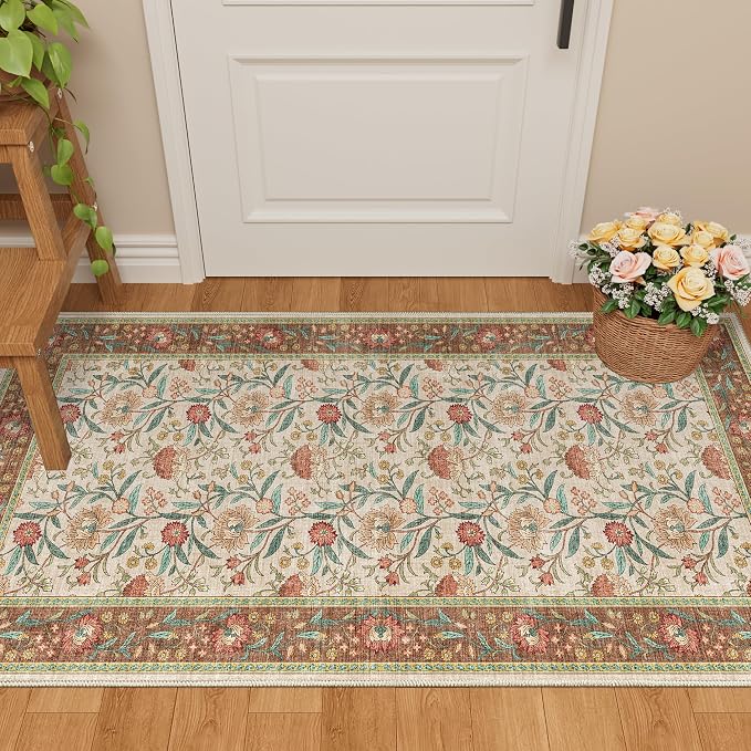 DUKINO 2x4 Rug, Washable Vintage Floral Entryway Rug Non Slip, Brown | Low Pile, Non-Shedding, Stain Resistant Boho Lightweight Soft Indoor Carpet for Kitchen Bathroom Hallway Laundry Farmhouse